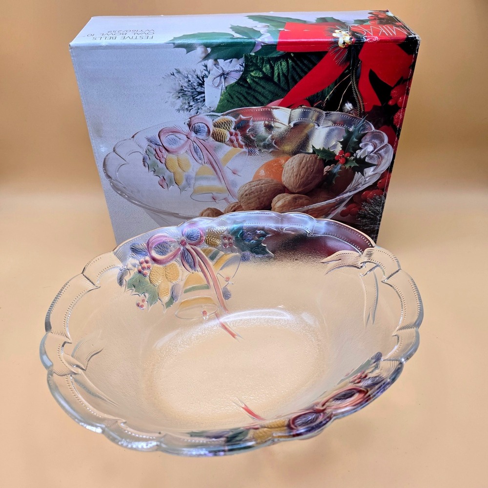 Mikasa Festive Bells Oval Bowl Glass Christmas Holiday WY160/259 Japan
